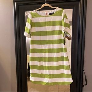 Lime Green Striped dress with deep pink/raspberry pop of color zipper in back